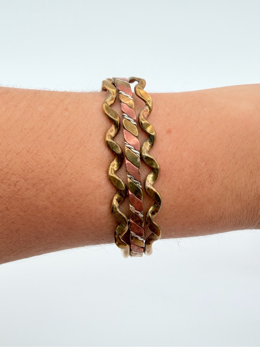 Vintage Mixed Metal Twist Cuff Bracelet Brass Copper Silver Tone